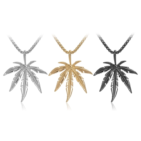 Collana con Ciondolo a Foglia in Acciaio al Titanio per Uomo Donna Stile Hip Hop Streetwear Foglia d'Acero Oro Argento Nero