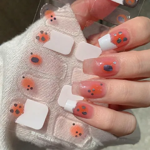Nagelaufkleber Im Französischen Rouge-Stil Weiß Orange Farbverlauf Full Wrap DIY Maniküre-Dekore Mit Glitzer-Punkten Für Damen