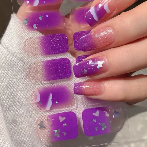 Lila Farbverlauf Französisch Schmetterling Nagelaufkleber Glitzer Wolke Lang Quadratisch Nail Art Decals DIY Maniküre Dekoration