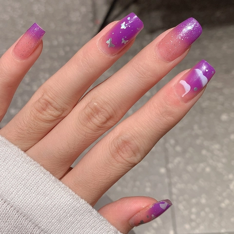 Lila Farbverlauf Französisch Schmetterling Nagelaufkleber Glitzer Wolke Lang Quadratisch Nail Art Decals DIY Maniküre Dekoration