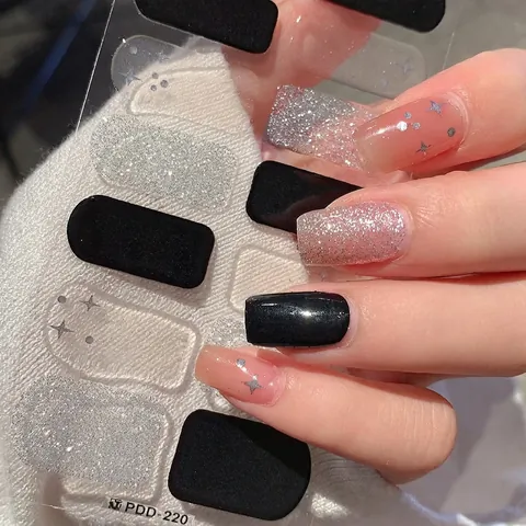 Schwarz Silber Verlauf Glitzer Stern Nagelkunst Aufkleber 14 Tipps Selbstklebend Maniküre Dekoration Für Frauen Mode DIY Nagel Folien