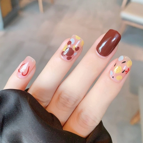 Süße Weinrot Herz Blumenmuster Nagelaufkleber Set Für Damen DIY Nail Art Dekoration Selbstklebend Cartoon Kaninchen Design