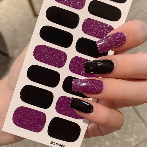 Minimalistische PVC Harz Full Cover Nagelaufkleber Lila Glitzer Und Einfarbig Schwarz Selbstklebende Nagel Folien Für Damen DIY