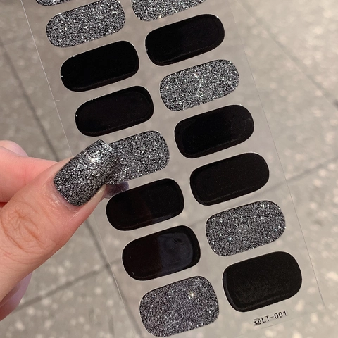 Minimalistische Schwarz und Silber Glitzer Full Wrap Nagelaufkleber LT-001 Langlebige Wasserdichte Harz Nagelsticker Für Damen DIY Deko