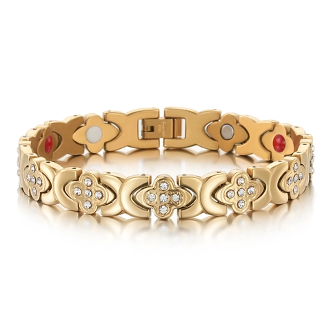 Stainless Steel Four Leaf Clover Magnetic Bracelet Fashion Rhinestone Inlaid Health Care Jewelry For Men Women Gold Silver