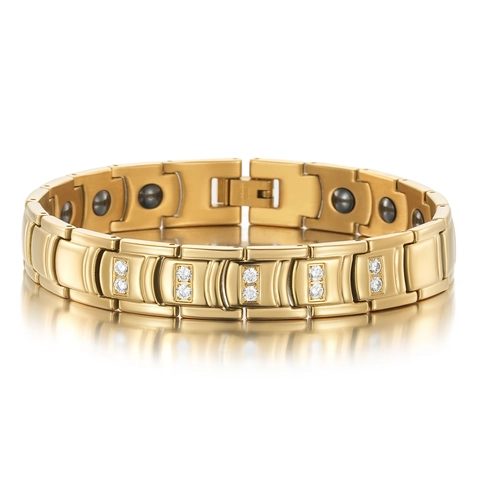 Exquisite Unisex Stainless Steel Bracelet Gold Plated Geometric Cube Link Bracelet Rhinestone Inlaid Magnetic Energy Jewelry