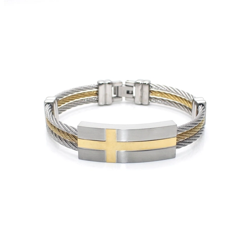 Men Stainless Steel Cross Bangle Two-Tone Gold Silver Steel Wire Woven Cable Bracelet Industrial Religious Jewelry Gift For Him