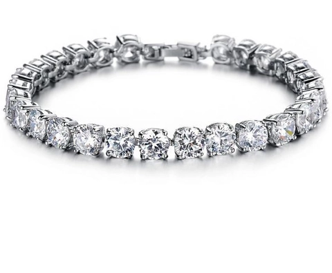 Elegant Silver Color Copper Tennis Bracelet With Round Cut Rhinestones Korean Style Geometric Sparkly Jewelry For Women Wedding Party