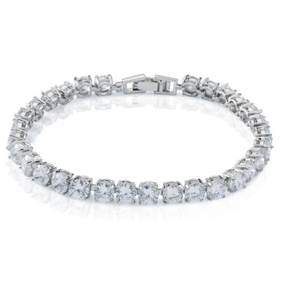 Elegant Silver Color Copper Tennis Bracelet With Round Cut Rhinestones Korean Style Geometric Sparkly Jewelry For Women Wedding Party
