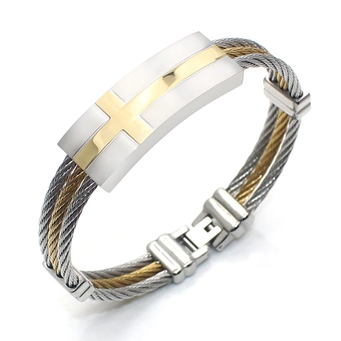 Men Stainless Steel Cross Bangle Two-Tone Gold Silver Steel Wire Woven Cable Bracelet Industrial Religious Jewelry Gift For Him