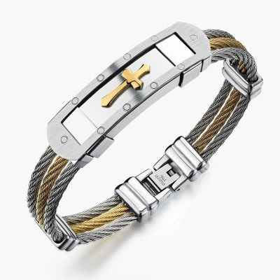 Bracciale da Uomo in Acciaio al Titanio con Croce Stile Industriale Intreccio di Cavi Oro Argento Biker Gioiello Religioso