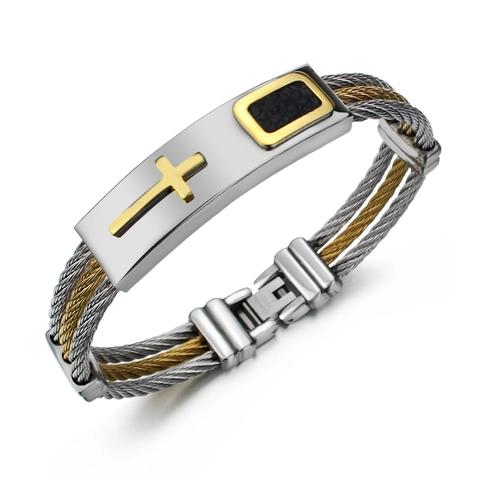 Men's Industrial Stainless Steel Cross Braided Bracelet Two-tone Gold Silver Wire Woven Bangle Religious Jewelry Gift