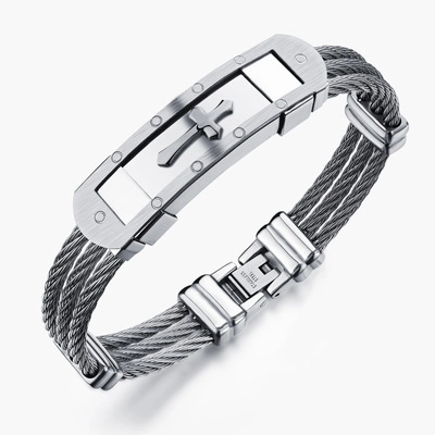 Bracciale da Uomo in Acciaio al Titanio con Croce Stile Industriale Intreccio di Cavi Oro Argento Biker Gioiello Religioso