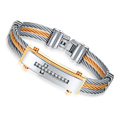 Brazalete de Alambre Tejido de Acero Inoxidable para Hombre Cruz Bicolor con Incrustaciones de Strass Punk Joyas Religiosas