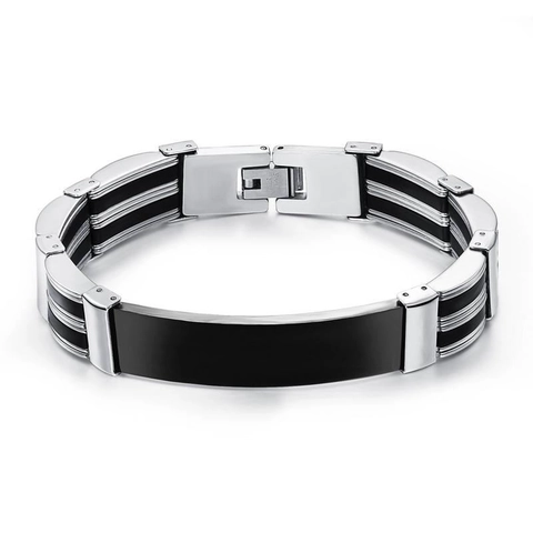 Bracciale da Uomo Minimalista in Acciaio al Titanio e Silicone Nero Argento Maglie Geometriche Con Chiusura a Scatto Gioielli