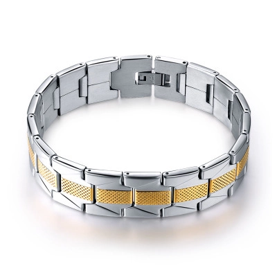 Mode Edelstahl Herren Armband Uhrenarmband Stil Zweifarbig Gold Geometrisches Gittermuster Verstellbar Industrieller Schmuck