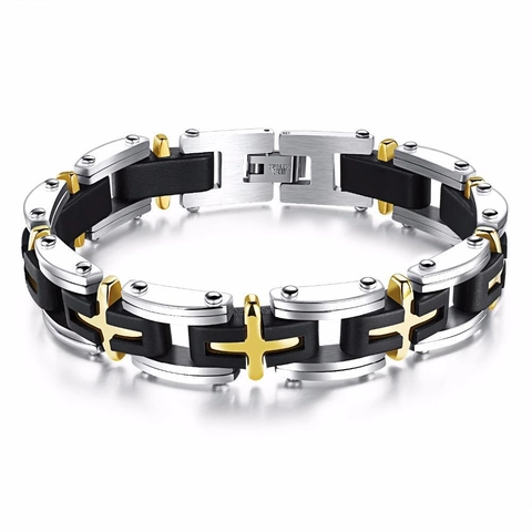 Bracelet de Mode pour Hommes en Acier au Titane et Silicone Électroplaqué Or Argent Croix Style Industriel Rock Punk Bijoux Cadeau