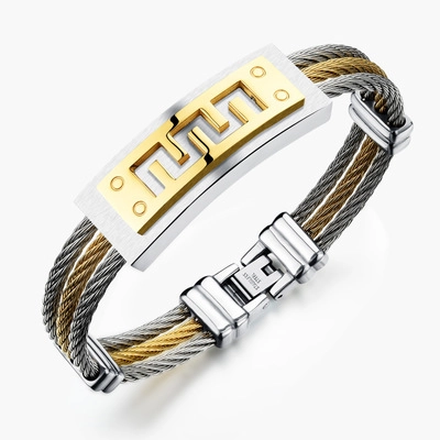 Bracciale da Uomo in Acciaio Inossidabile con Cavo Intrecciato e Motivo Greca Placca Spazzolata Gioielli a Mano di Moda Industriale
