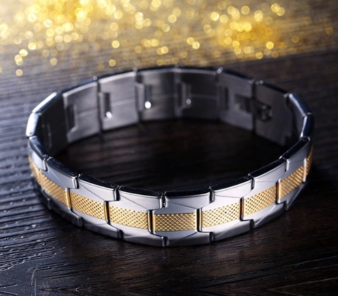 Mode Edelstahl Herren Armband Uhrenarmband Stil Zweifarbig Gold Geometrisches Gittermuster Verstellbar Industrieller Schmuck