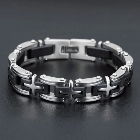 Bracelet de Mode pour Hommes en Acier au Titane et Silicone Électroplaqué Or Argent Croix Style Industriel Rock Punk Bijoux Cadeau