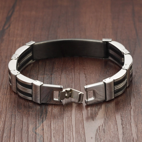 Bracciale da Uomo Minimalista in Acciaio al Titanio e Silicone Nero Argento Maglie Geometriche Con Chiusura a Scatto Gioielli