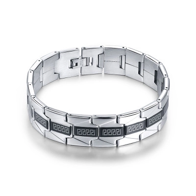Men's Stainless Steel Greek Key Bracelet Meander Pattern Electroplated Silver Black Chain Biker Link Jewelry For Men