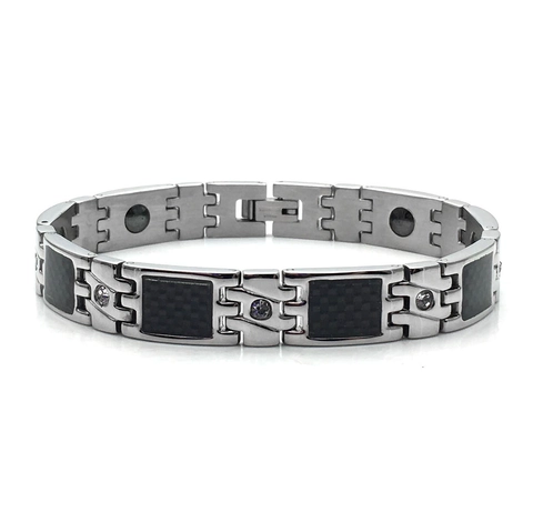 Titaniumstaal Magnetische Armband Voor Heren Zwart Koolstofvezel Ingelegde Strass Gezondheidszorg Mode Armband Sieraden