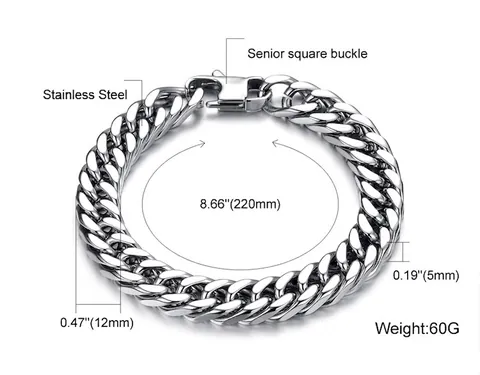 Heren Roestvrij Staal Cubaanse Schakelketting Armband Mannelijk Punk Stijl Zilver Schakelketting Sieraden Met Vierkante Sluiting Voor Dagelijks Gebruik