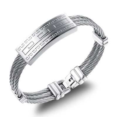 Bracciale da Uomo Industriale in Acciaio Inossidabile a Cavo Intrecciato Con Piastra Incisa Greca Gioielli Biker