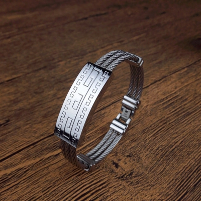 Bracciale da Uomo Industriale in Acciaio Inossidabile a Cavo Intrecciato Con Piastra Incisa Greca Gioielli Biker