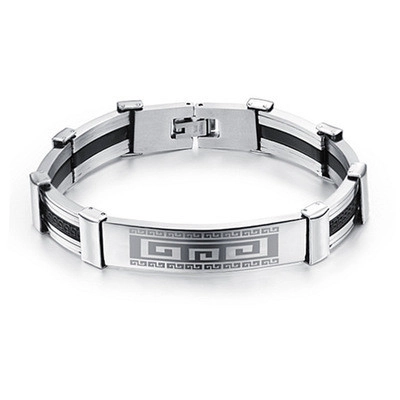Pulsera de Acero de Titanio y Silicona para Hombre Patrón de Greca Griega Estilo Étnico Plata Negro Joyería de Moda