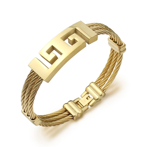 Vintage Stainless Steel Woven Wire Bracelet For Men Women Greek Key Meander Pattern Geometric Industrial Bangle Jewelry