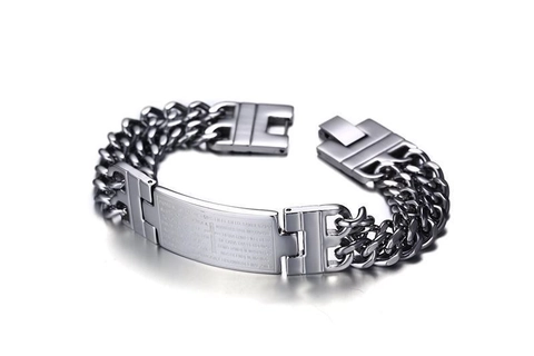 Bracciale da Uomo in Acciaio Inossidabile a Doppia Fila Catena Grumetta Con Piastra ID Preghiera Incisa Gioielli Biker per Uomo