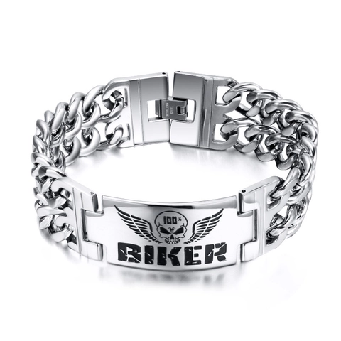 Bracciale ID Biker da Uomo in Acciaio al Titanio con Teschio e Ali Catena a Doppia Fila Punk Gioielli Biker per Uomo