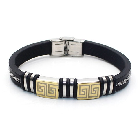 Heren Stijlvolle Titaniumstaal Siliconen Armband Goud Griekse Sleutel Patroon Verguld Vintage Punk Sieraden Polsband