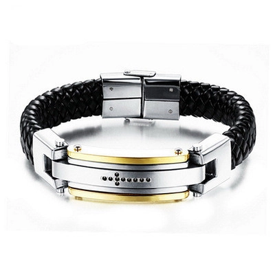 Pulsera de Cuero Tejido de Moda para Hombre de Acero Inoxidable con Cruz en Dos Tonos Incrustada Estilo Duro Joyería