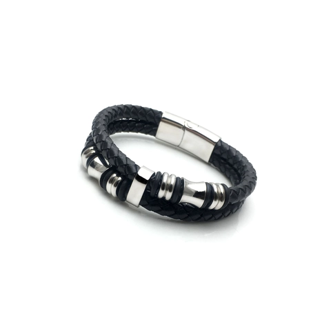 Pulsera de Cuero Trenzado de Doble Hilo para Hombre Con Cierre Magnético de Acero de Titanio Joyería de Mano Punk Industrial Regalo