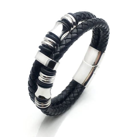 Pulsera de Cuero Trenzado de Doble Hilo para Hombre Con Cierre Magnético de Acero de Titanio Joyería de Mano Punk Industrial Regalo