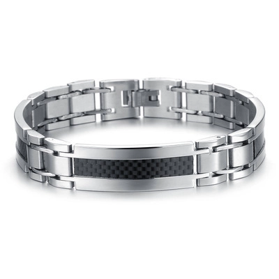 Heren Titanium Stalen Armband Met Zwarte Koolstofvezel Inleg Industriële Geometrische Schakelarmband Gepolijste Sieraden Voor Mannen
