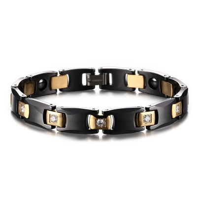 Bracelet Magnétique de Luxe pour Hommes en Céramique Acier Inoxydable Plaqué Or Incrusté de Zirconia Hématite Bijoux de Santé