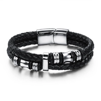Bracciale da Uomo in Pelle Intrecciata a Doppio Strato Con Chiusura Magnetica in Acciaio Inossidabile e Dettagli ad Anello Argentati