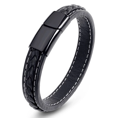 Pulsera Minimalista de Cuero Trenzado Negro para Hombre Con Cierre Magnético de Acero Inoxidable Costura Blanca Doble Capa Joyería de Moda