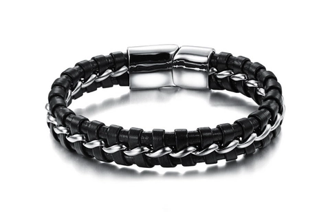 Men's Trendy Braided Genuine Leather Bracelet With Stainless Steel Magnetic Clasp Black Silver Cool Fashion Jewelry Gift For Him