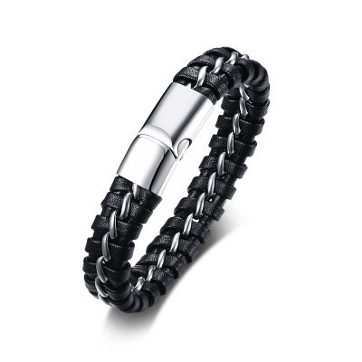 Men's Trendy Braided Genuine Leather Bracelet With Stainless Steel Magnetic Clasp Black Silver Cool Fashion Jewelry Gift For Him