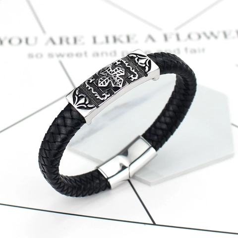 Bracciale da Uomo in Pelle Intrecciata Retro Con Piastra Metallica in Acciaio Inossidabile Croce Fede Religiosa Gioielli per Uomo