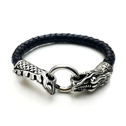 Pulsera para Hombre Vintage Dominante Cabeza de Dragón Cuero Trenzado Cierre de Aleación Retro Pulsera de Cordón Negro Accesorio Joyería Moda