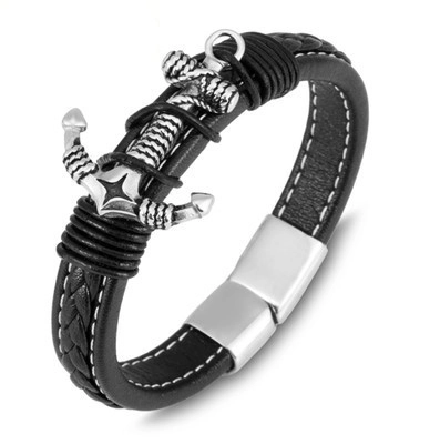 Herren Vintage Anker Lederarmband Punk Nautisch Geflochten Mehrlagig Schmuck Mit Magnetverschluss Schwarz Silber Farbe