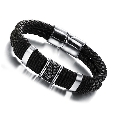 Men Fashion Braided Leather Bracelet Stainless Steel Magnetic Clasp Industrial Style Casual Punk Wristband Hand Jewelry Gift For Him