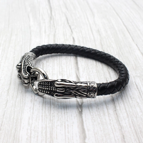Men Viking Braided Genuine Leather Bracelet With Vintage Dragon Head Titanium Steel Clasp Punk Bangle Fashion Hand Jewelry