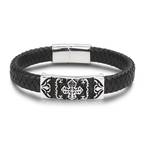 Bracciale da Uomo in Pelle Intrecciata Retro Con Piastra Metallica in Acciaio Inossidabile Croce Fede Religiosa Gioielli per Uomo